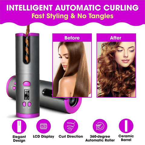 Hair curling tool with before and after images of styled hair, highlighting features like LCD display and ceramic barrel.