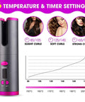 Hair curling tool with temperature and timer settings displayed on a white background