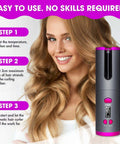Hair curler with user instructions and a model with styled hair on a white background
