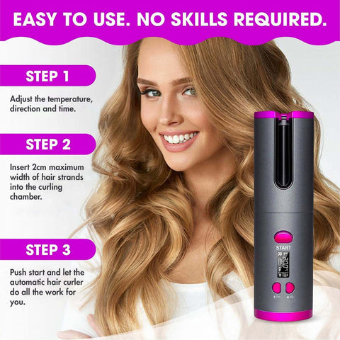 Hair curler with user instructions and a model with styled hair on a white background