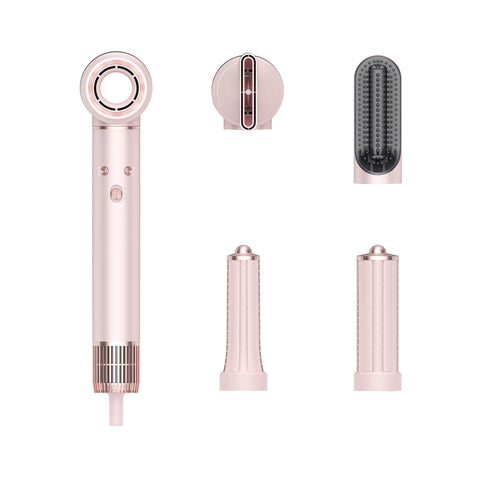 Set of pink hair styling tools including a hair dryer and attachments on a white background
