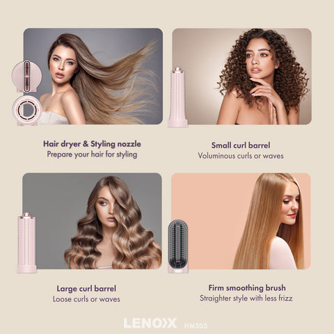 Lenox hair styling tool with different attachments and their uses on a beige background.