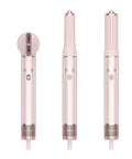 Set of rose gold hair styling tools with interchangeable attachments on a white background