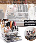 Clear acrylic jewelry box with four drawers containing makeup and brushes, shown with and without a black mesh pad.