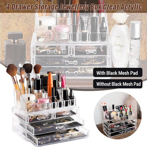 Clear acrylic jewelry box with four drawers containing makeup and brushes, shown with and without a black mesh pad.