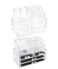 Clear acrylic cosmetic organizer with drawers on a white background