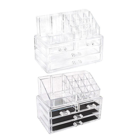 Clear acrylic cosmetic organizer with drawers on a white background