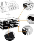 Clear acrylic jewelry organizer with black mesh pad, removable drawers, and stackable design.