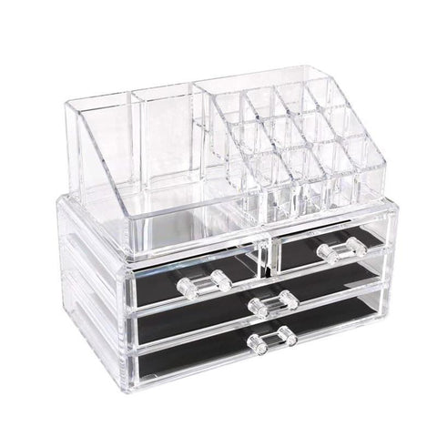 Clear acrylic cosmetic organizer with black drawers on a white background