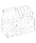 Clear acrylic cosmetic organizer with drawers on a white background
