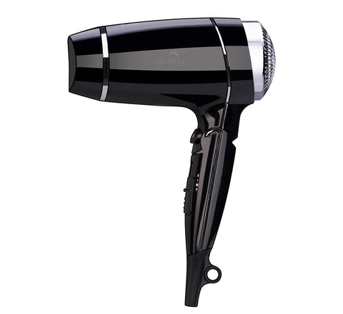 Black hair dryer with silver accents on a white background