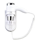 White hair dryer with a coiled cord on a white background