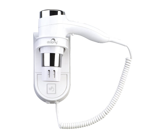 White hair dryer with a coiled cord on a white background