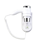 White wall-mounted hair dryer with coiled cord on a white background, featuring the Dolphy brand.