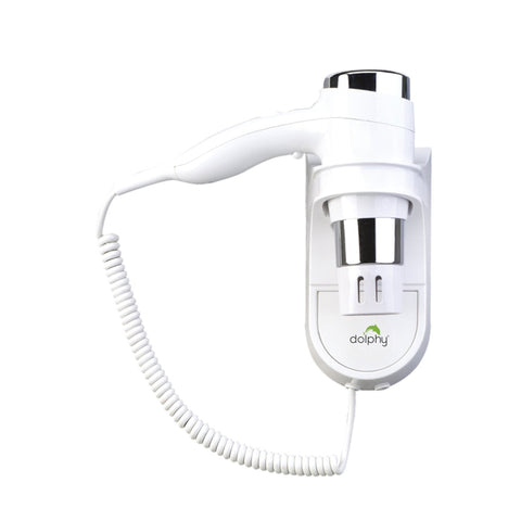 White wall-mounted hair dryer with coiled cord on a white background, featuring the Dolphy brand.