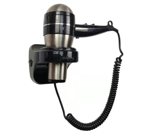 Wall-mounted hair dryer with coiled cord on a white background