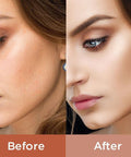 Before and after comparison of a woman's face with visible makeup changes.
