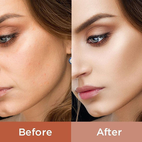 Before and after comparison of a woman's face with visible makeup changes.