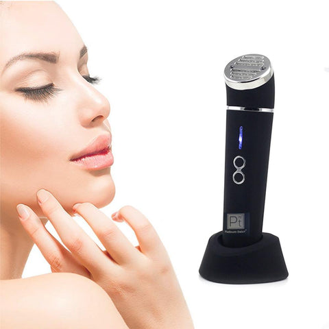 Woman using a facial device on her face with a close-up of the device on a white background