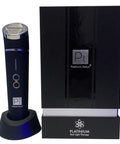 Black handheld device with red light therapy feature and Platinum Deluxe packaging on a white background