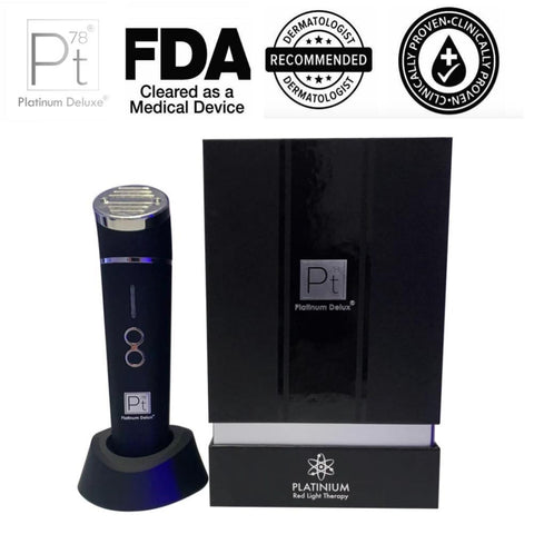 Platinum Deluxe red light therapy device with packaging and FDA and dermatologist recommended badges on a white background.