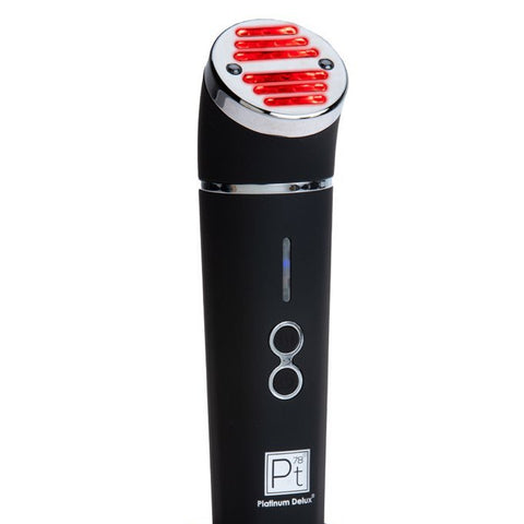 Black handheld device with red lights and a logo on a white background